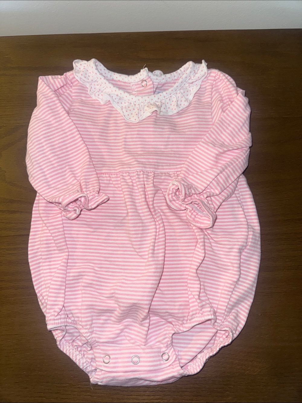 Trotter St Kids Pink Striped Baby Bubble Romper with Ruffle Collar 9M